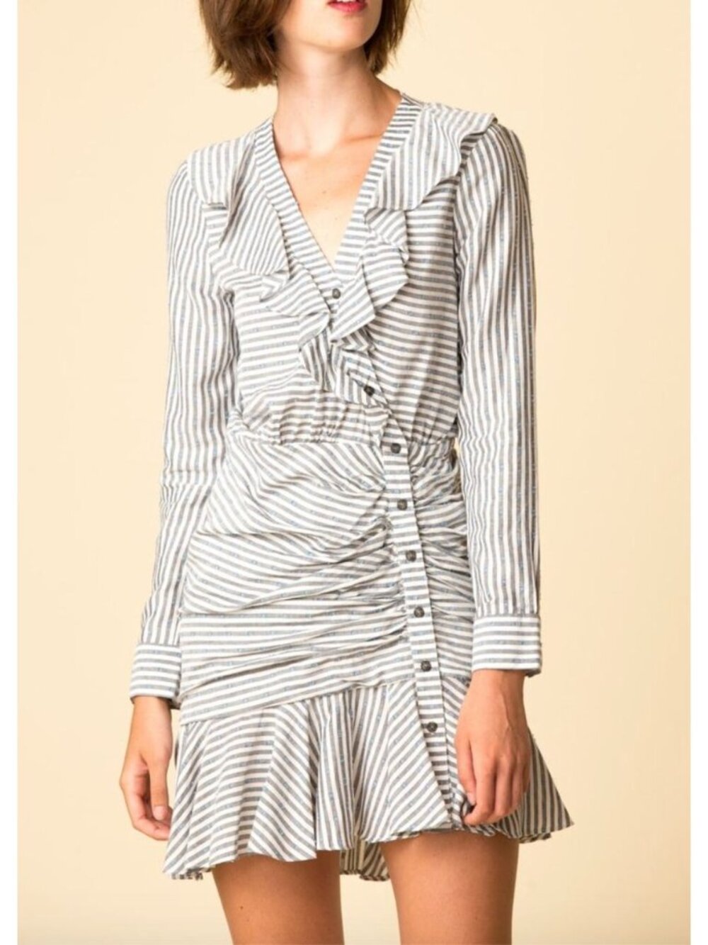VERONICA BEARD Kai Swiss Dot Stripe Ruffled Shirt Mini Dress Blue White 2
